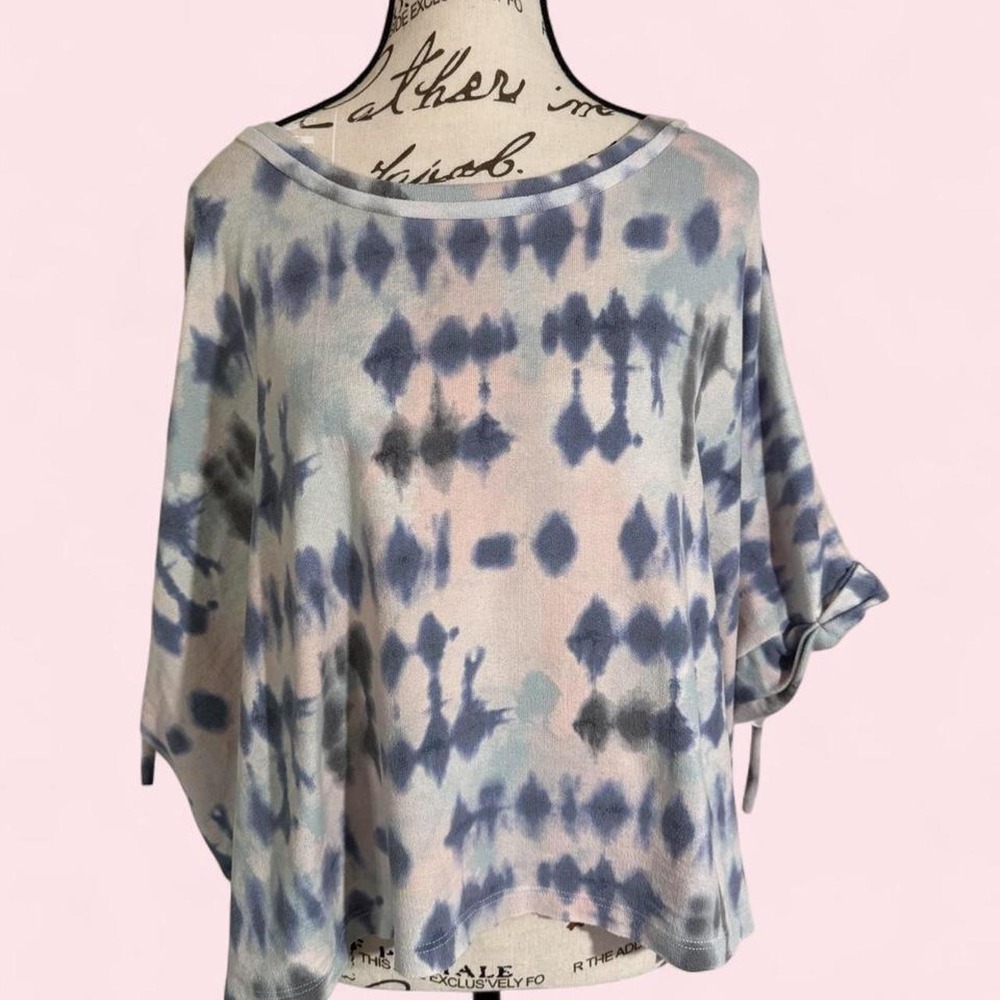 Entro Blue White Tie Dye Blouse Fringe Boho Festival Top Womens XL Oversized
